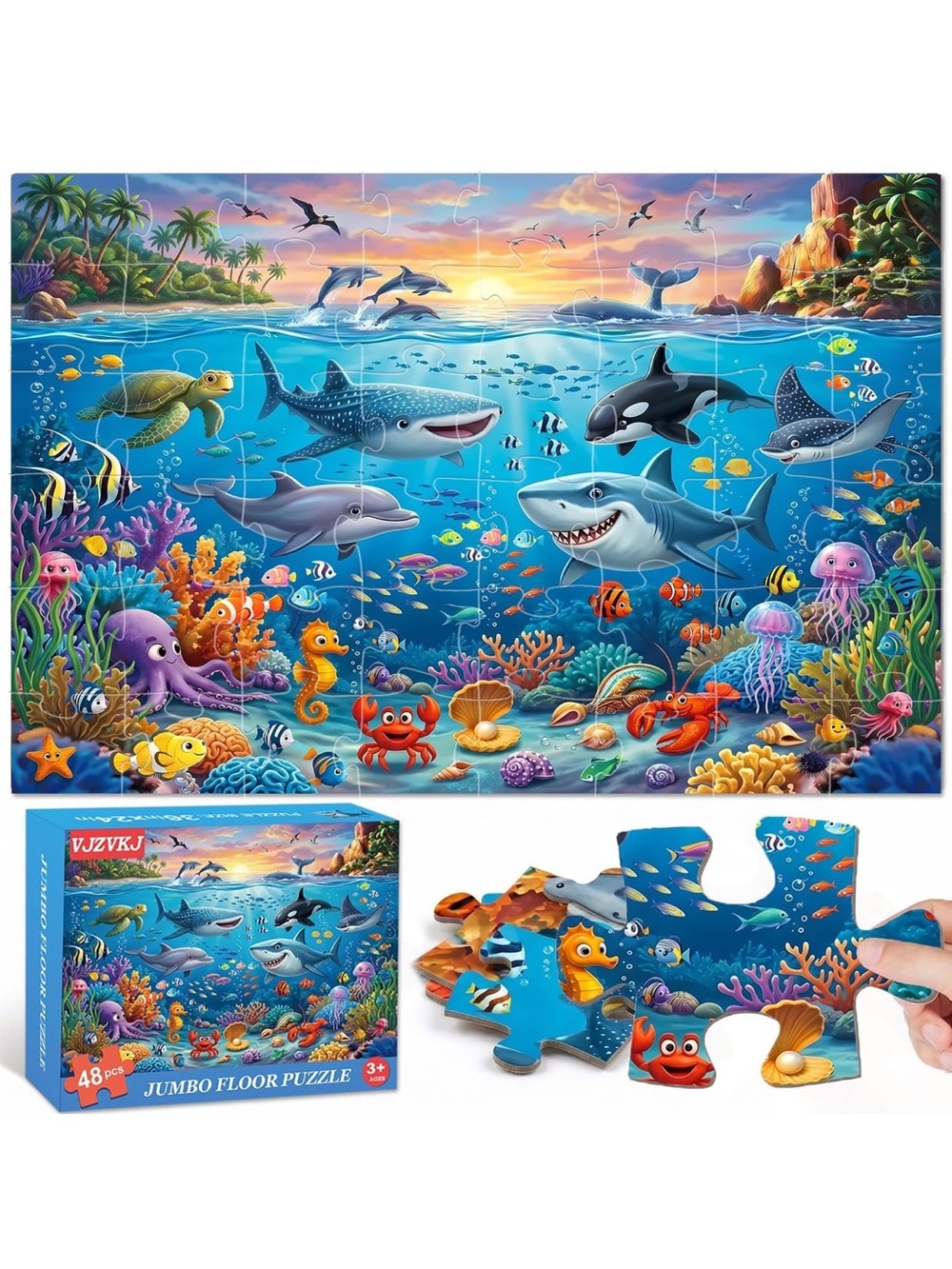 Jumbo Floor Puzzle for kids ages 3-5, 48 piece large ocean underwater world